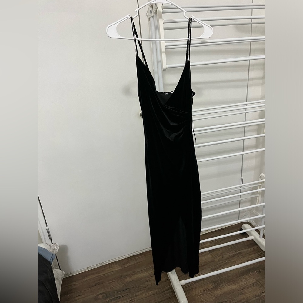 Black velvet Zara dress. Midi and spaghetti strap with beaded/bedazzled straps.